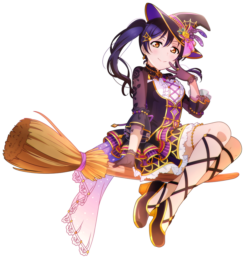 Umi Sonoda from Love Live dressed as a witch sitting on a broomstick.